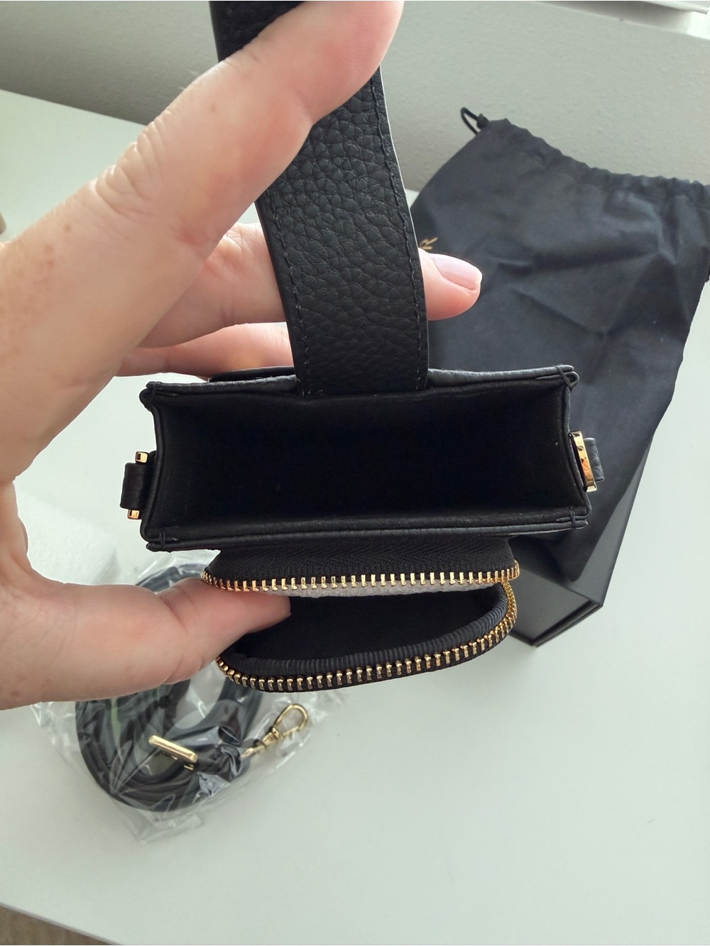 Bandolier Black Pebbled Leather Crossbody Phone Pouch with Gold Accents - Picture 8 of 9